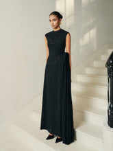 Embroidered Lace Draped Midi Dress With Waist Detail and Sleeveless Fitted Bodice